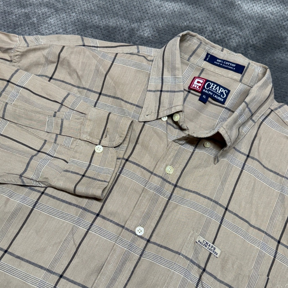Chaps Ralph Lauren Mens XL Tan Beige Plaid Long Sleeve Button Down Shirt